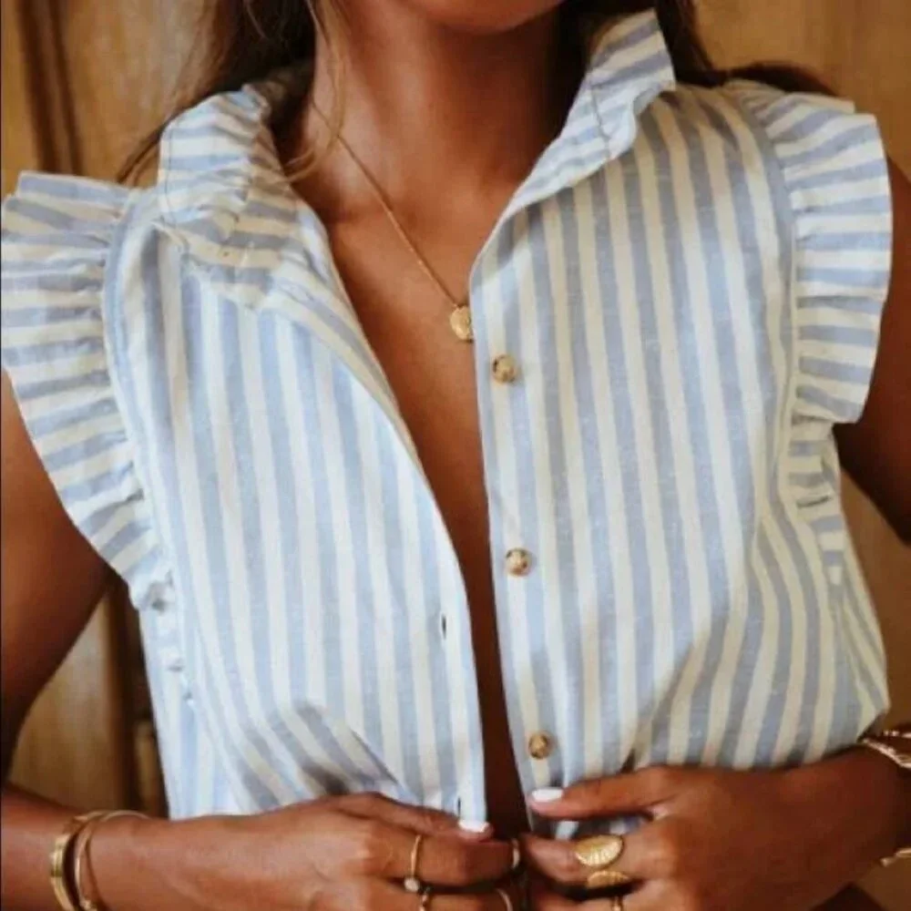 Sezane Blue and White Striped Caroline Rayures blouse NWT XS - Picture 11 of 11